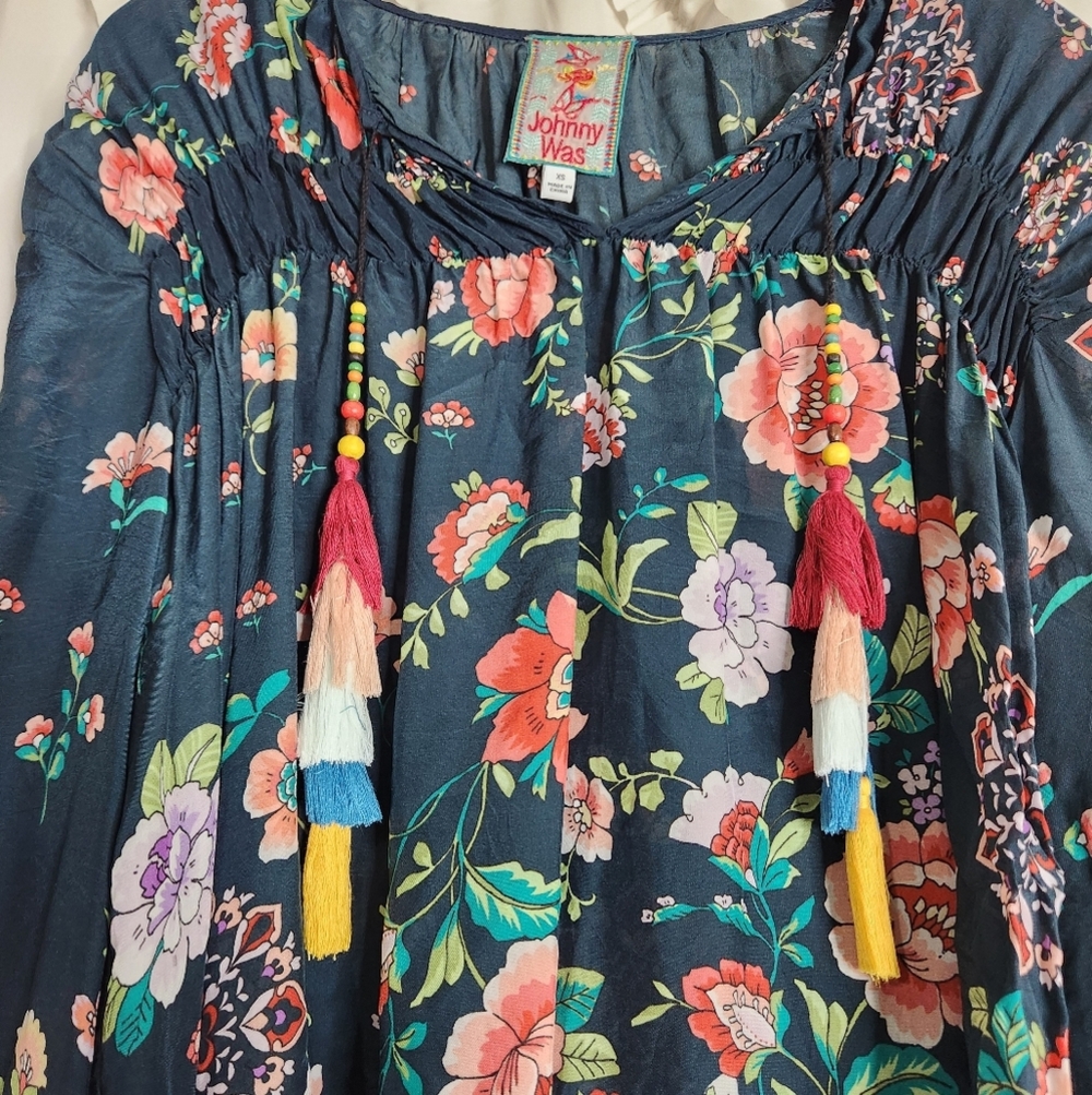 Johnny Was Harley Floral Boho Chic Long Sleeve Top Colorful Tassels Sz XS - Picture 5 of 8